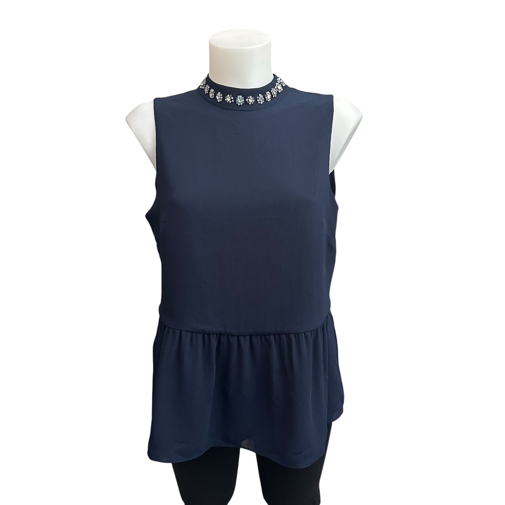 J. Crew Navy Blue Sleeveless Peplum Chiffon Top Embellished Collar sz S